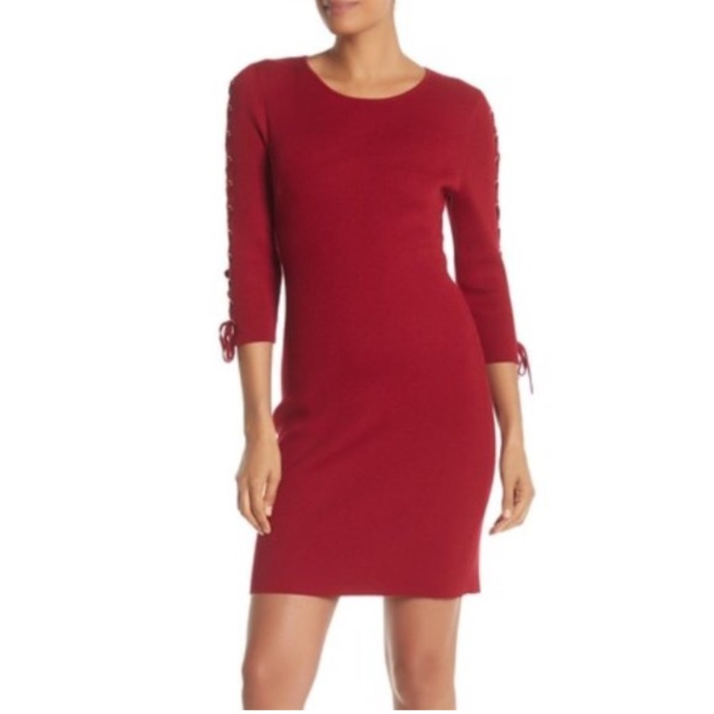 NEW Nina Leonard Red Lace-Up Sleeve Ribbed Knit Dress Size Small